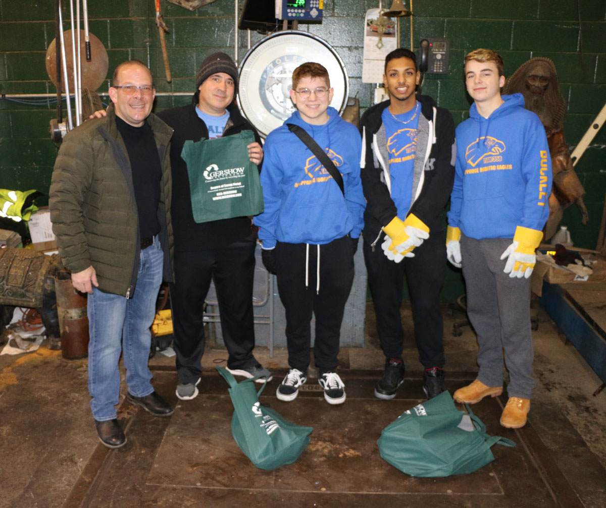 Pictured (left to right): Gershow Manager Jonathan Abrams, Hauppauge High School Robotics Team Advisor Anthony Gibson, Team Presidents Daniel Panaro and Kassiem Jennings and Team Vice President Seamus Buckley.