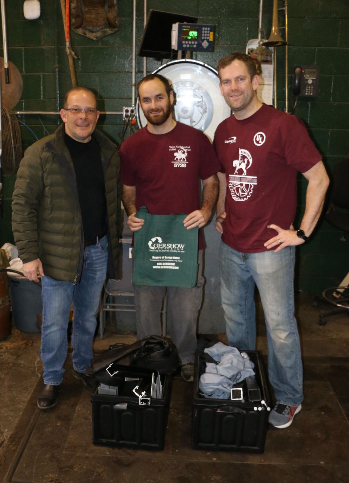 Pictured (left to right): Gershow Manager Jonathan Abrams, Kings Park High School Robotics Team Coach Kevin Hutchins and Assistant Coach Sam Kruse.