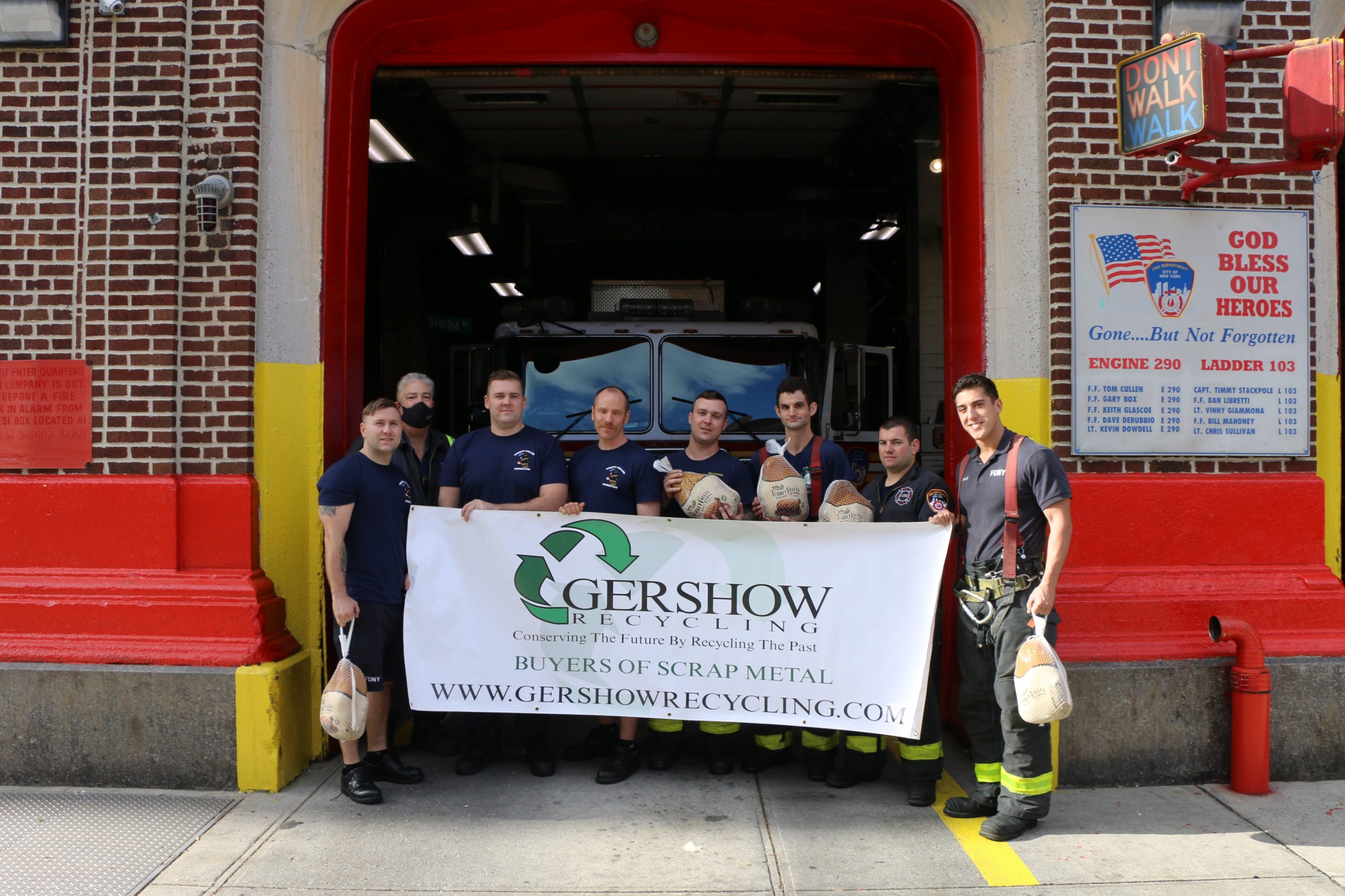 Eric Kugler (second from left), Manager, Gershow Recycling, presented turkeys to members of FDNY’s Engine 290/Ladder 103 “Pride of Sheffield Avenue.”